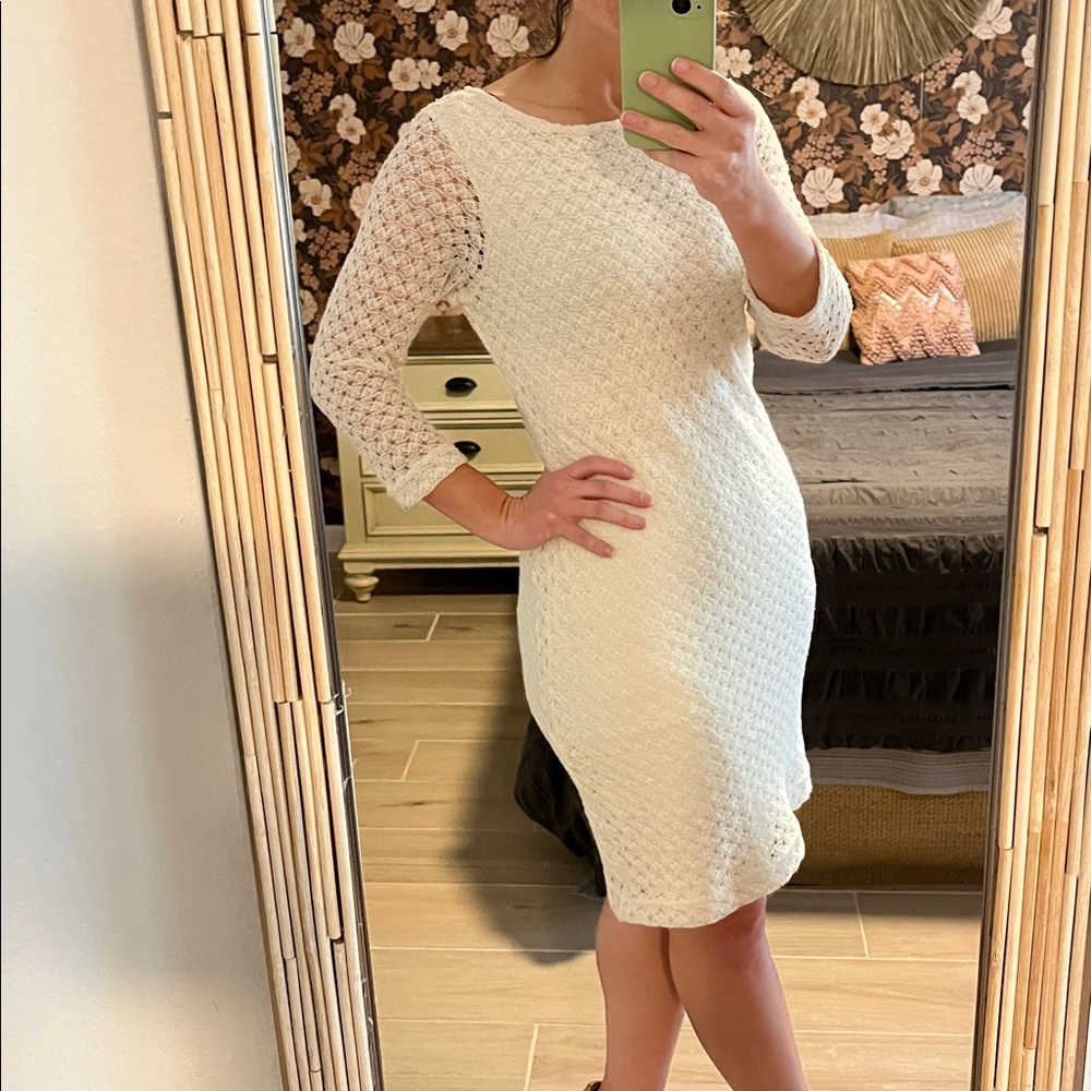 Sharagano Cream Long Sleeve Lace Dress